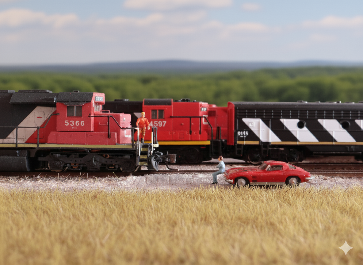 Modellbahnbereich mit zwei roten Lokomotiven, einem Zugwaggon, einem Modellauto und Figuren in einer Wiesenlandschaft.